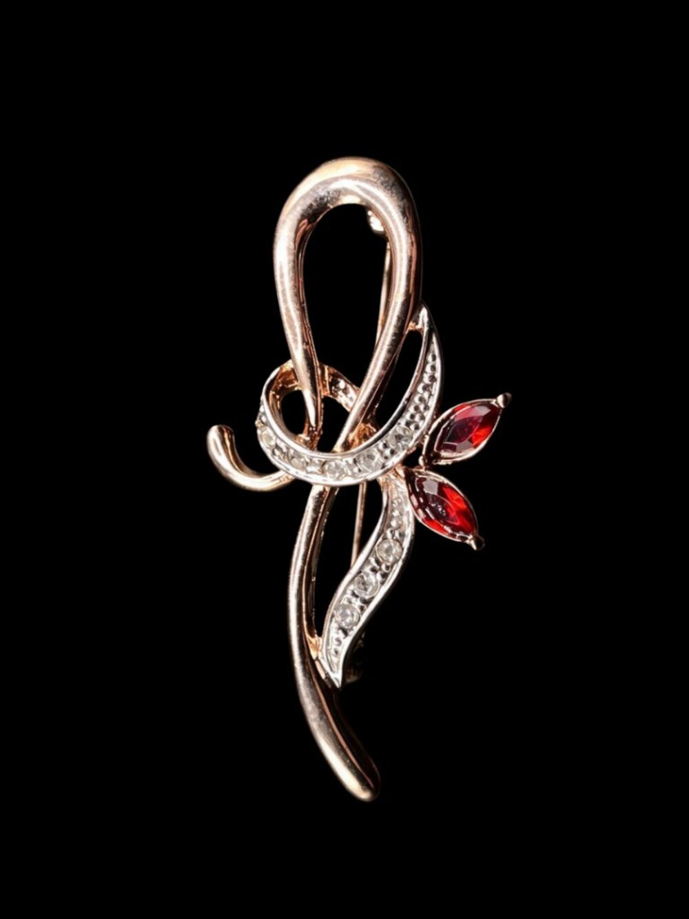 Vintage Swirl Ribbon Rhinestone Brooch Red and Gold in Gift Box